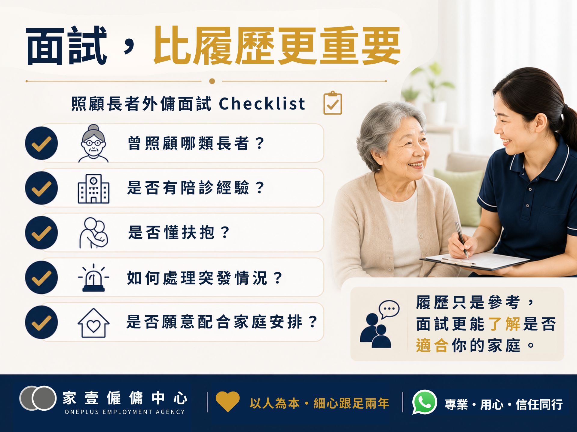 照顧長者外傭面試重點，包括照顧經驗、陪診、扶抱、突發情況處理及家庭配合